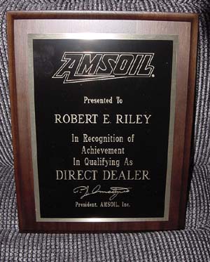 AMSOIL Direct Dealer plaque awarded to me